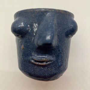 Vintage Blue Mexican Clay Pottery Face Tequilero Mezcal Cup